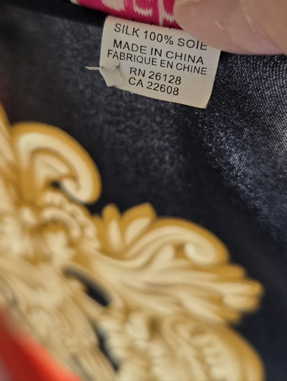 100% Silk Scarf 35x35 Gorgeous Black Orange Ornate Baroque Scarf